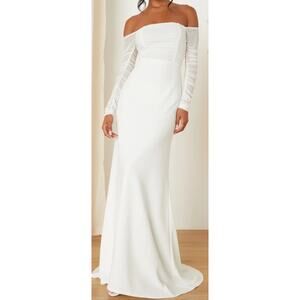 LULU'S S Elegant Eternity White Mesh Ruched Off-the-Shoulder Maxi Dress NEW B114